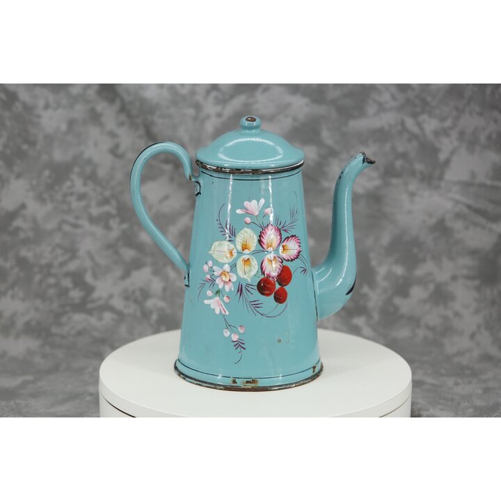 Ancienne Cafetière en Tôle Émaillée Bleue Turquoise, Décor Floral Relief Peint à la Main, Brocante Déco Cuisine Champêtre Farmho