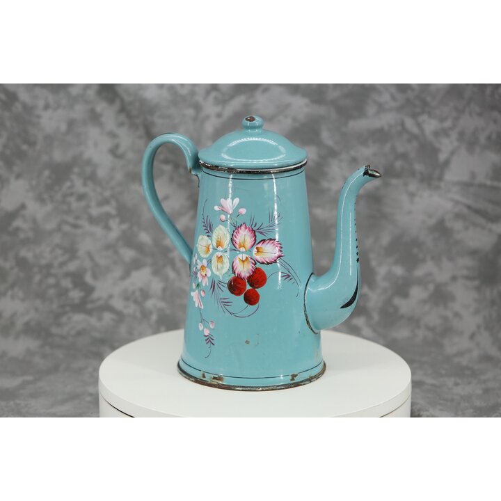 Cafetera Esmaltada Antigua Francesa, Jarra Esmalte Azul Turquesa Pintada a Mano Flores en Relieve, Decoración Cocina Rústica Vin