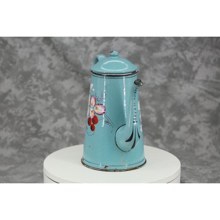Cafeteira Antiga Esmaltada Francesa, Bule em Metal Esmaltado Azul Turquesa Flores Pintadas à Mão em Relevo, Decoração Cozinha Rú