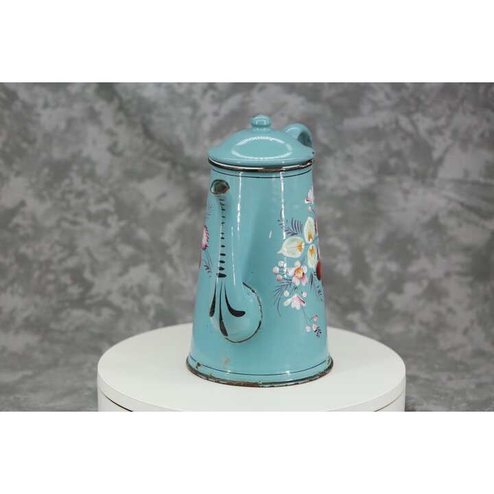 Antike Französische Emaille Kaffeekanne, Vintage Emaillekanne Hellblau Handbemalt Blumen Relief, Landhausstil Küche Dekoration