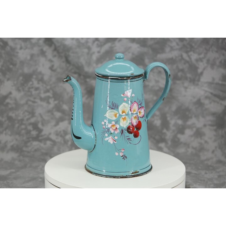 Cafetera Esmaltada Antigua Francesa, Jarra Esmalte Azul Turquesa Pintada a Mano Flores en Relieve, Decoración Cocina Rústica Vin