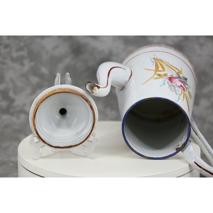 Cafetera antigua de chapa esmaltada, cafetera francesa pintada a mano con rosas y trigo, menaje vintage de cocina rústica, circa