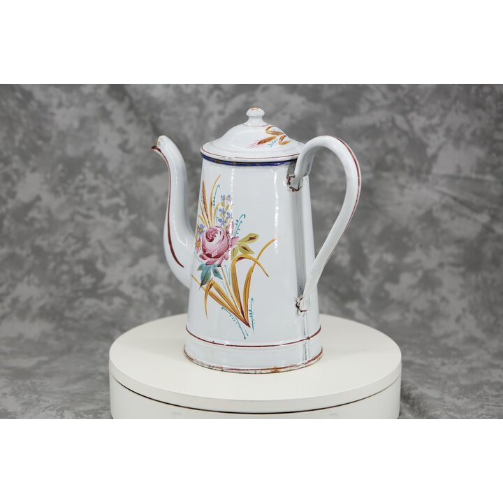 Antike französische Emaillierte Kaffeekanne, Handbemalte Kaffeekanne mit Rosen, Vintage Emaille Kaffeeschüttkanne mit Deckel, ca