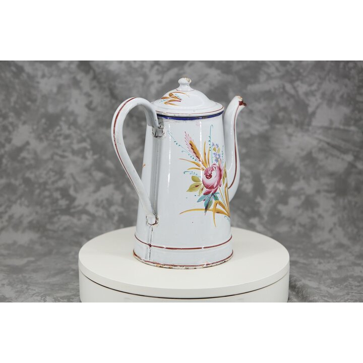 Cafetera antigua de chapa esmaltada, cafetera francesa pintada a mano con rosas y trigo, menaje vintage de cocina rústica, circa