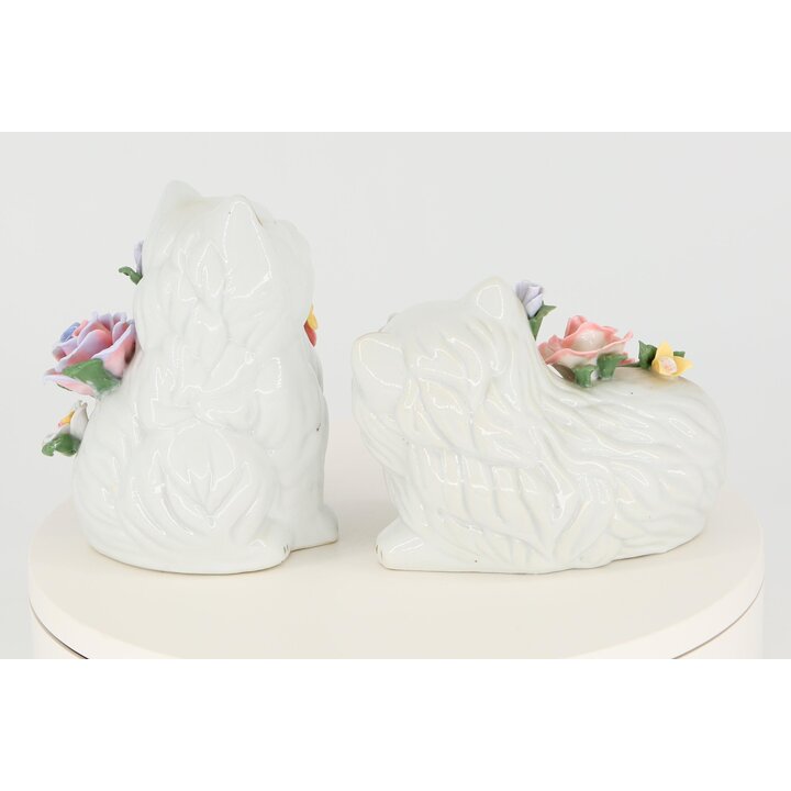 Coppia Gatti in Porcellana Vintage, Stile Capodimonte con Fiori in Ceramica Applicati, Sculture Feline Dipinte a Mano Anni 90