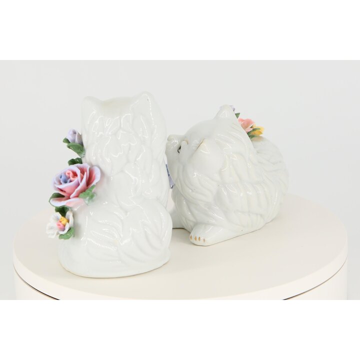 Coppia Gatti in Porcellana Vintage, Stile Capodimonte con Fiori in Ceramica Applicati, Sculture Feline Dipinte a Mano Anni 90