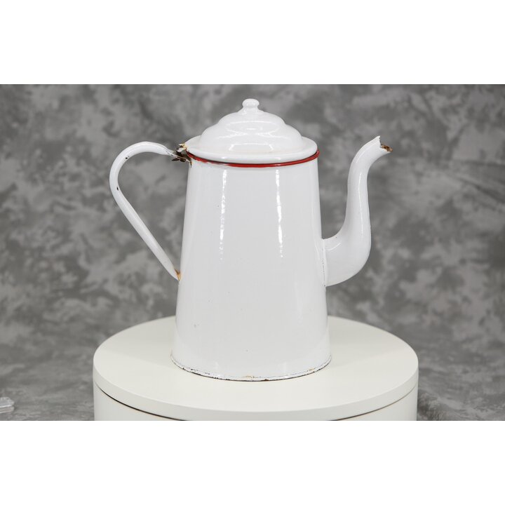 Kaffeekanne Emaille Weiß mit Roter Kante Klappdeckel, Vintage Emaillierte Kanne 2 Liter, Rustikale Landhaus Deko Kaffeekanne 25 