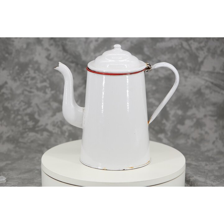 Cafetière en Émail Vintage Blanche avec Bord Rouge et Couvercle, Pichet Émaillé Rustique 2L, Décoration de Cuisine Brocante 25 c