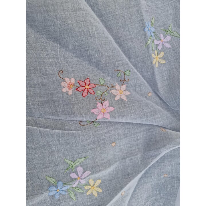 Obrus Okragly, Nakrycie Stolu, Organza Vintage Haft Kwiatowy, Koronka z Falbana, 130 cm, na Stol 80 cm