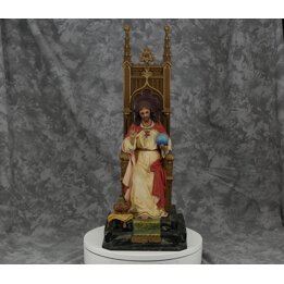 Antique Spanish Sacred Heart Jesus Christ King Statue Olot Plaster Glass Eyes Polychrome Religious Sculpture Throne