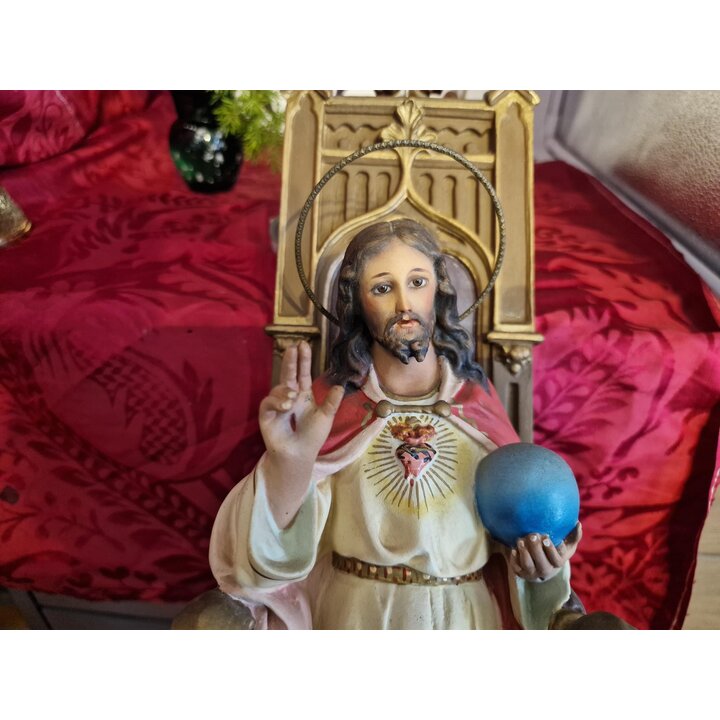 Antiek Spaanse Heilig Hart Jezus Christus Koning Beeld Olot Gips Glazen Ogen Polychroom Religieus Sculptuur