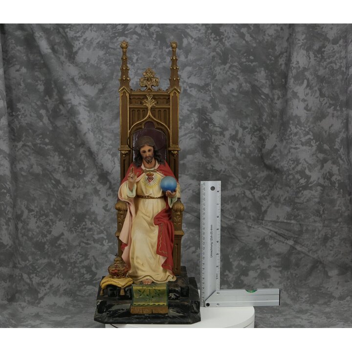 Statua Antica Sacro Cuore di Gesu Cristo Re sul Trono Scuola Olot Scultura In Gesso Occhi di Vetro Policroma