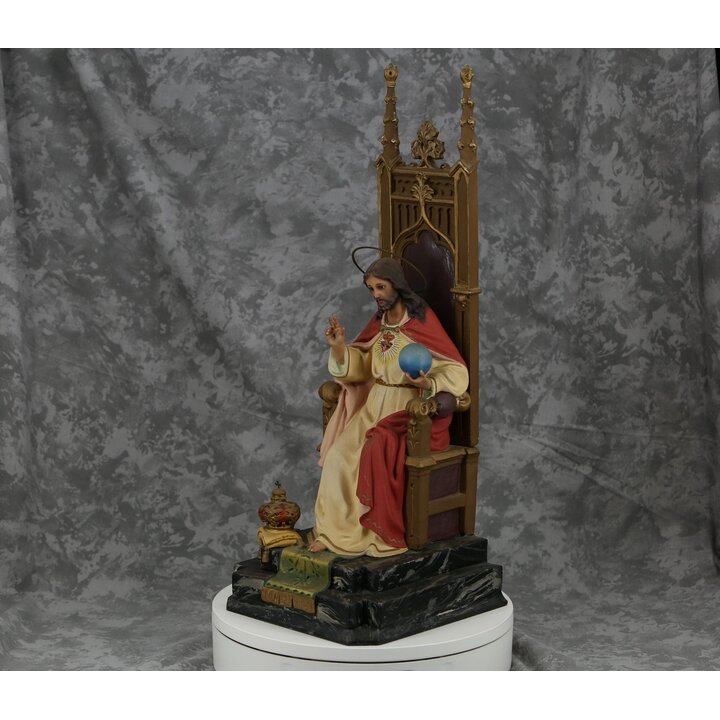 Estatua Antigua Sagrado Corazon de Jesus Cristo Rey en Trono Escuela de Olot Escultura de Yeso Ojos de Cristal