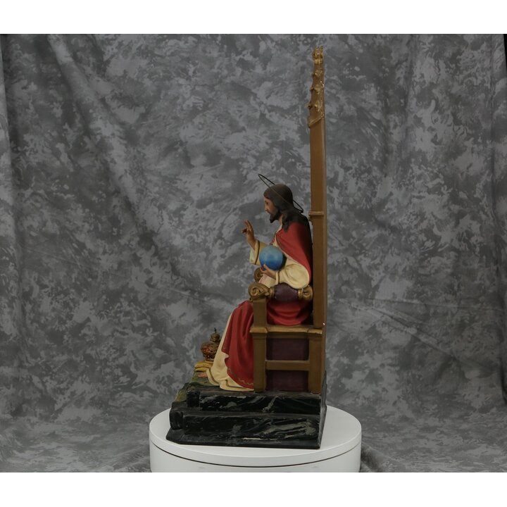 Antique Spanish Sacred Heart Jesus Christ King Statue Olot Plaster Glass Eyes Polychrome Religious Sculpture Throne