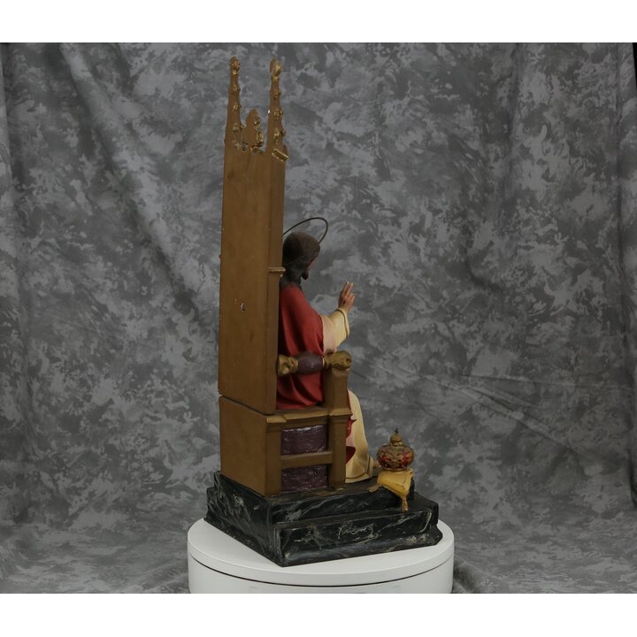 Statue Antique Sacre Coeur de Jesus Christ Roi sur Trone Ecole Olot Esculture Platre Yeux en Verre Polychrome