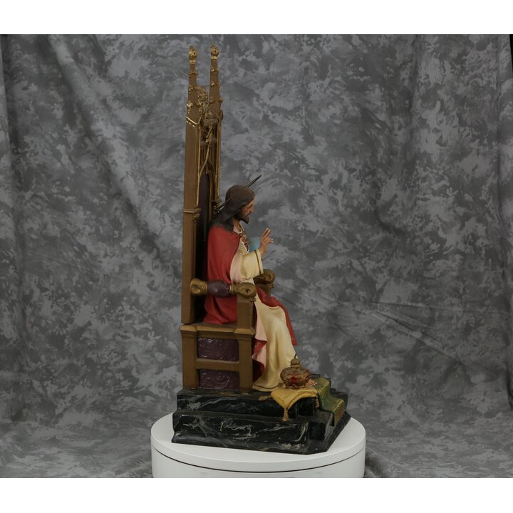 Estatua Antiga Sagrado Coracao de Jesus Cristo Rei no Trono Escola Olot Escultura Gesso Olhos de Vidro Policroma