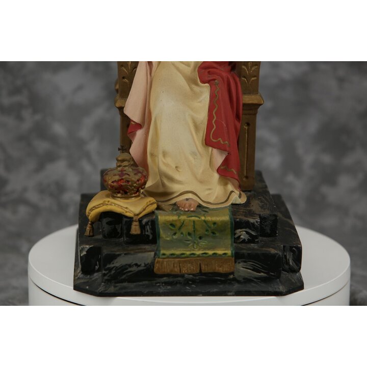Statua Antica Sacro Cuore di Gesu Cristo Re sul Trono Scuola Olot Scultura In Gesso Occhi di Vetro Policroma