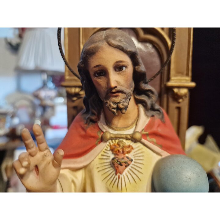 Antiek Spaanse Heilig Hart Jezus Christus Koning Beeld Olot Gips Glazen Ogen Polychroom Religieus Sculptuur