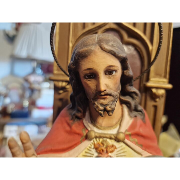 Estatua Antiga Sagrado Coracao de Jesus Cristo Rei no Trono Escola Olot Escultura Gesso Olhos de Vidro Policroma