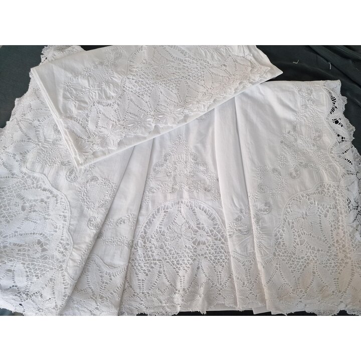 Vintage Cotton Bedding Set with Bobbin Lace and Embroidery, Sheet 240x220 cm and Pillowcase 40x170 cm, Mid Century Bed Linen