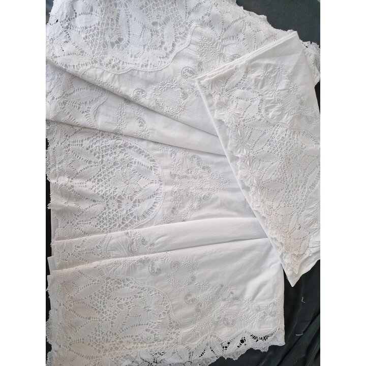 Juego de Cama Vintage de Algodon con Encaje de Bolillos y Bordado, Sabana 240x220 cm y Funda 40x170 cm, Ropa de Cama Mediados de