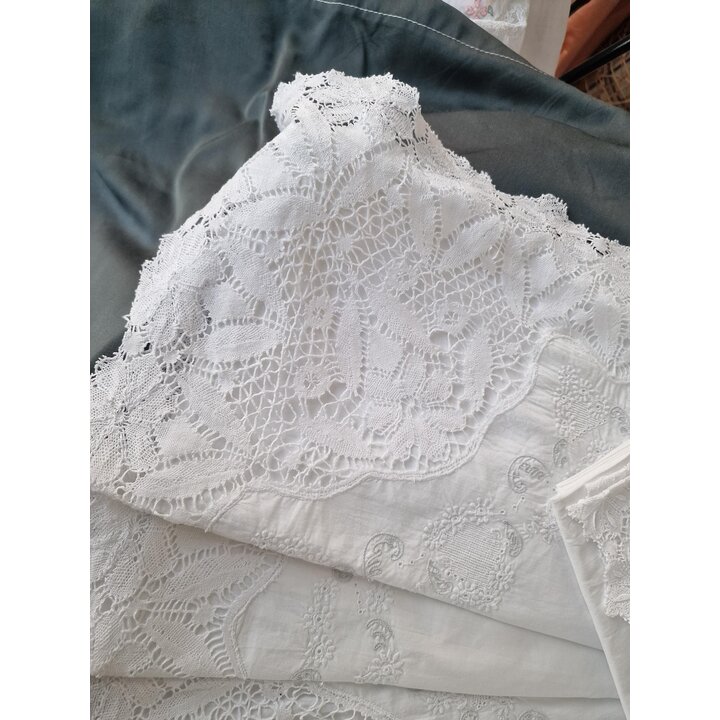 Vintage Cotton Bedding Set with Bobbin Lace and Embroidery, Sheet 240x220 cm and Pillowcase 40x170 cm, Mid Century Bed Linen
