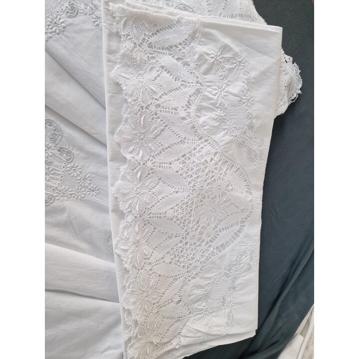 Vintage Cotton Bedding Set with Bobbin Lace and Embroidery, Sheet 240x220 cm and Pillowcase 40x170 cm, Mid Century Bed Linen