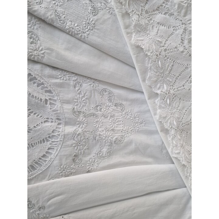Vintage Cotton Bedding Set with Bobbin Lace and Embroidery, Sheet 240x220 cm and Pillowcase 40x170 cm, Mid Century Bed Linen