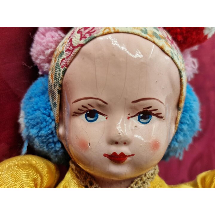 Bambola Vintage Folcloristica Ungherese 32 cm Anni 50, Testa in Composizione Dipinta a Mano Corpo in Stoffa Costume Matyó, Arte 