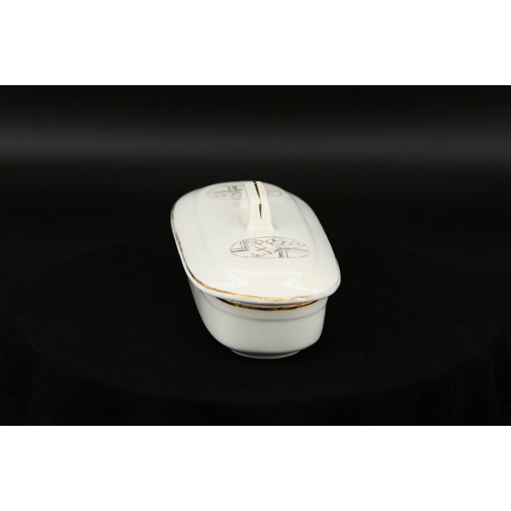 Victoriaanse toiletdoos, antieke keramische tandenborstelhouder met wapenschilden en goud, 19e eeuw, aardewerk 22cm