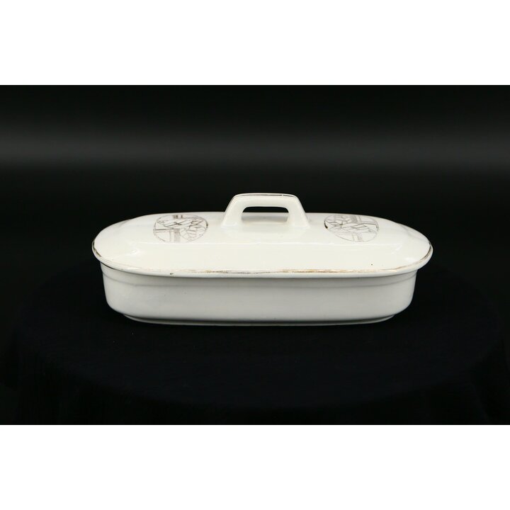 Victoriaanse toiletdoos, antieke keramische tandenborstelhouder met wapenschilden en goud, 19e eeuw, aardewerk 22cm
