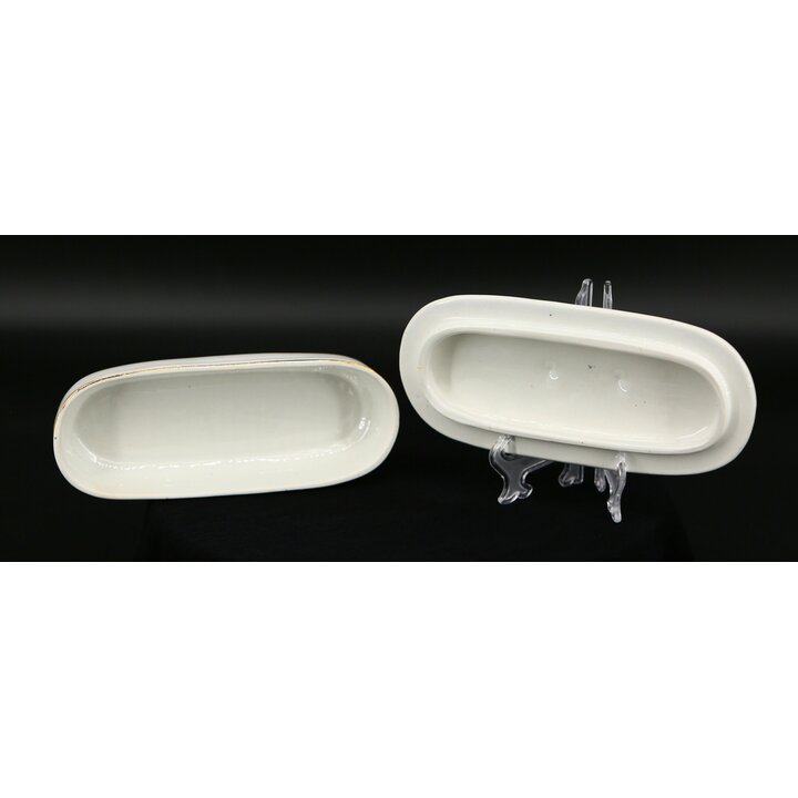Victoriaanse toiletdoos, antieke keramische tandenborstelhouder met wapenschilden en goud, 19e eeuw, aardewerk 22cm