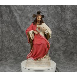 Sacred Heart of Jesus Olot Sculpture, Antique Spanish Polychrome Wood Paste Statue with Glass Eyes, Catholic Enthroned Christ Fi