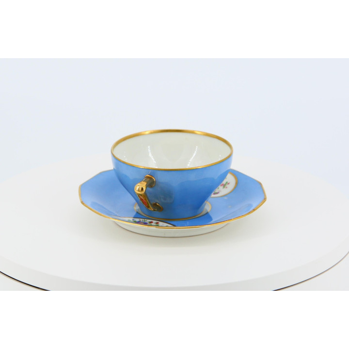 Tasse et Soucoupe Volkstedt Bleu Céleste, Porcelaine 1910-1920