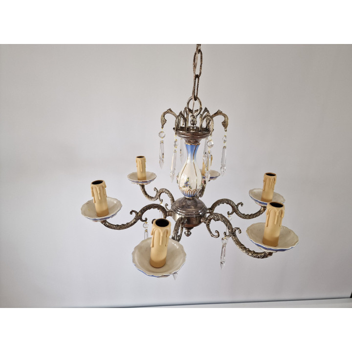 Lustre espagnol en porcelaine et bronze, années 1970