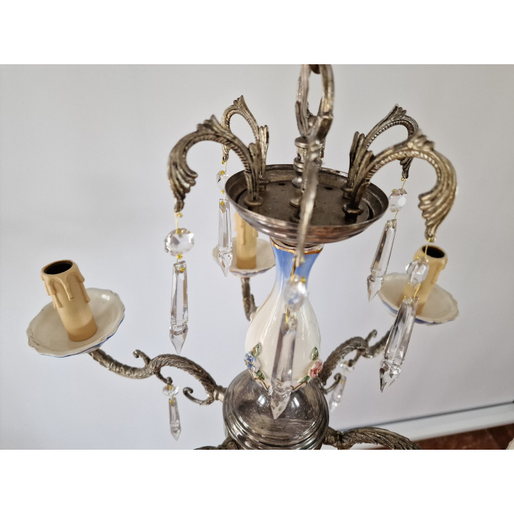 Spaanse porseleinen en bronzen kroonluchter jaren '70