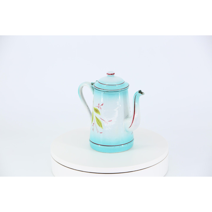Vintage Emaille-Kaffeekanne 1950er - Türkis Blumendekor