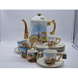 リモージュ 磁器製 コーヒーポット コーヒーカップ、アルベール ピリヴィ フェシー、金彩手描き風景画、フランス アンティーク 骨董 高級磁器 洋食器 コレクター ティーセット 1890年頃の銘品