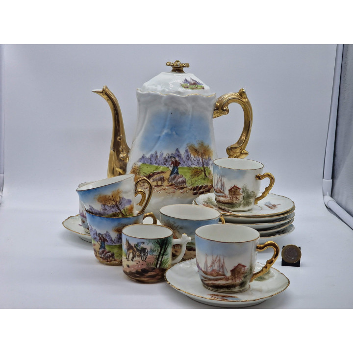 リモージュ 磁器製 コーヒーポット コーヒーカップ、アルベール ピリヴィ フェシー、金彩手描き風景画、フランス アンティーク 骨董 高級磁器 洋食器 コレクター ティーセット 1890年頃の銘品