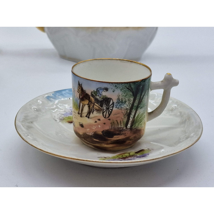 リモージュ 磁器製 コーヒーポット コーヒーカップ、アルベール ピリヴィ フェシー、金彩手描き風景画、フランス アンティーク 骨董 高級磁器 洋食器 コレクター ティーセット 1890年頃の銘品