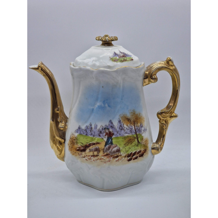 リモージュ 磁器製 コーヒーポット コーヒーカップ、アルベール ピリヴィ フェシー、金彩手描き風景画、フランス アンティーク 骨董 高級磁器 洋食器 コレクター ティーセット 1890年頃の銘品