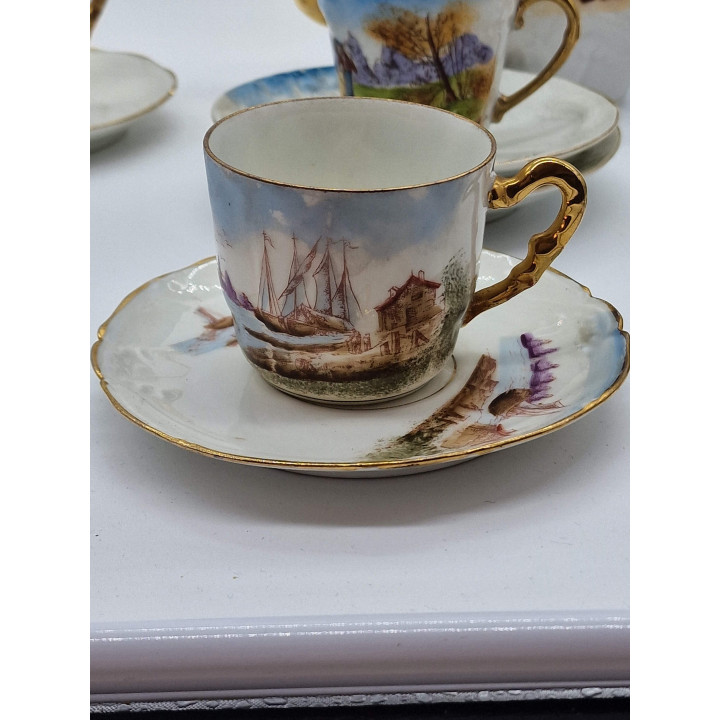 Dzbanek i Filiżanka z Porcelany Limoges, Albert Pillivuyt Foecy, Ręcznie Malowane Złote Sceny, Antyczna Francuska Porcelana ok…