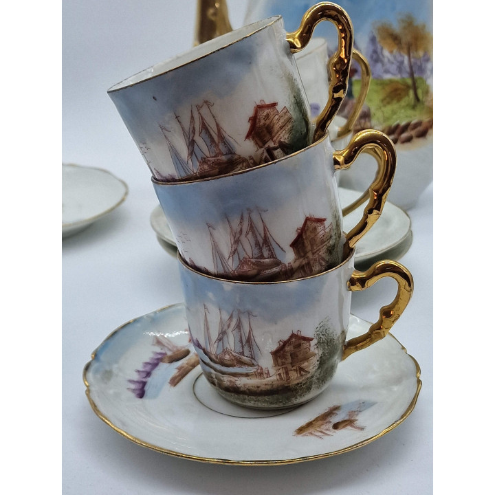 Cafeteira e Xícara de Porcelana Limoges, Albert Pillivuyt Foecy, Cenas Pintadas com Ouro, Antiga Porcelana Francesa Cerca de 18…