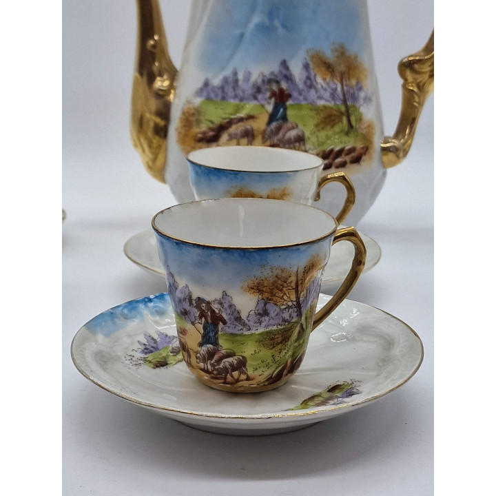 リモージュ 磁器製 コーヒーポット コーヒーカップ、アルベール ピリヴィ フェシー、金彩手描き風景画、フランス アンティーク 骨董 高級磁器 洋食器 コレクター ティーセット 1890年頃の銘品