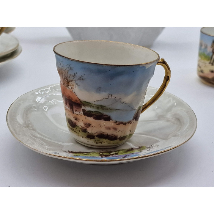 リモージュ 磁器製 コーヒーポット コーヒーカップ、アルベール ピリヴィ フェシー、金彩手描き風景画、フランス アンティーク 骨董 高級磁器 洋食器 コレクター ティーセット 1890年頃の銘品