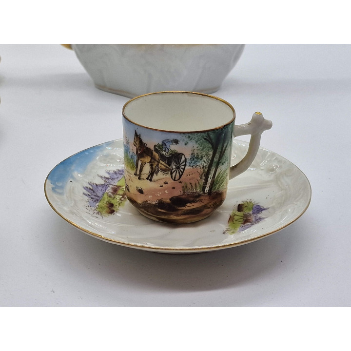 リモージュ 磁器製 コーヒーポット コーヒーカップ、アルベール ピリヴィ フェシー、金彩手描き風景画、フランス アンティーク 骨董 高級磁器 洋食器 コレクター ティーセット 1890年頃の銘品