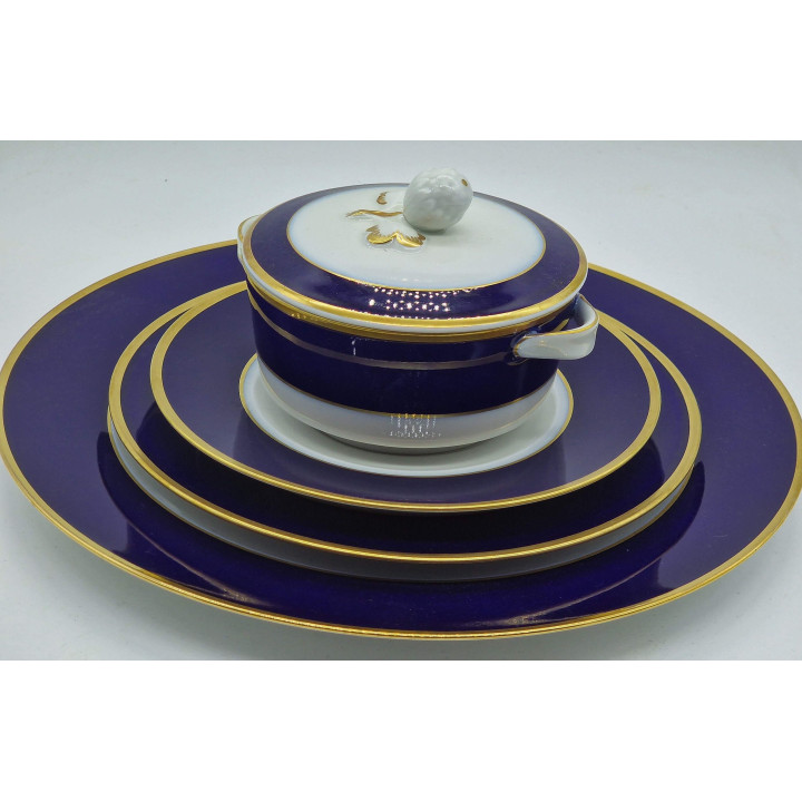 Serwis Obiadowy Porcelana Kobalt i Złoto Langenthal Suisse 1978, Szwajcarski Zestaw Talerzy i Bulionówka, Vintage