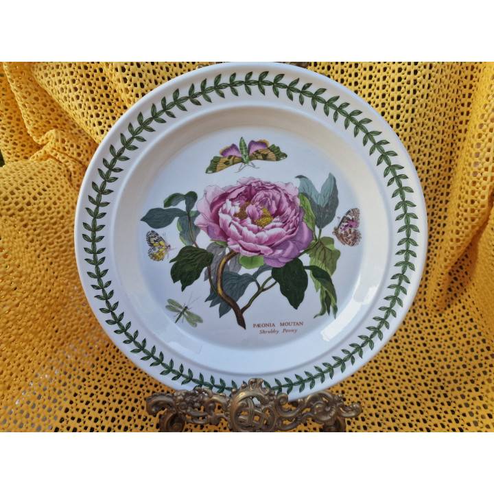 Prato Raso Portmeirion Botanic Garden, Cerâmica Inglesa Vintage 26.5cm, Susan Williams-Ellis Peónia Flor da Paixão, Anos 70