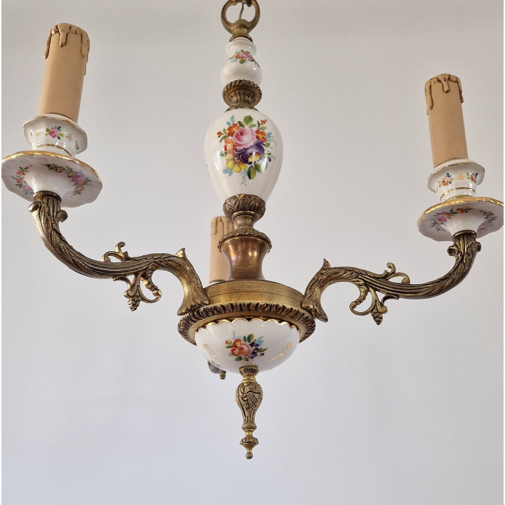 Lámpara de techo vintage de porcelana y bronce