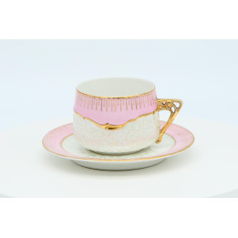 Tazza e piattino in porcellana antica 1900-1910 - Rosa e lustro